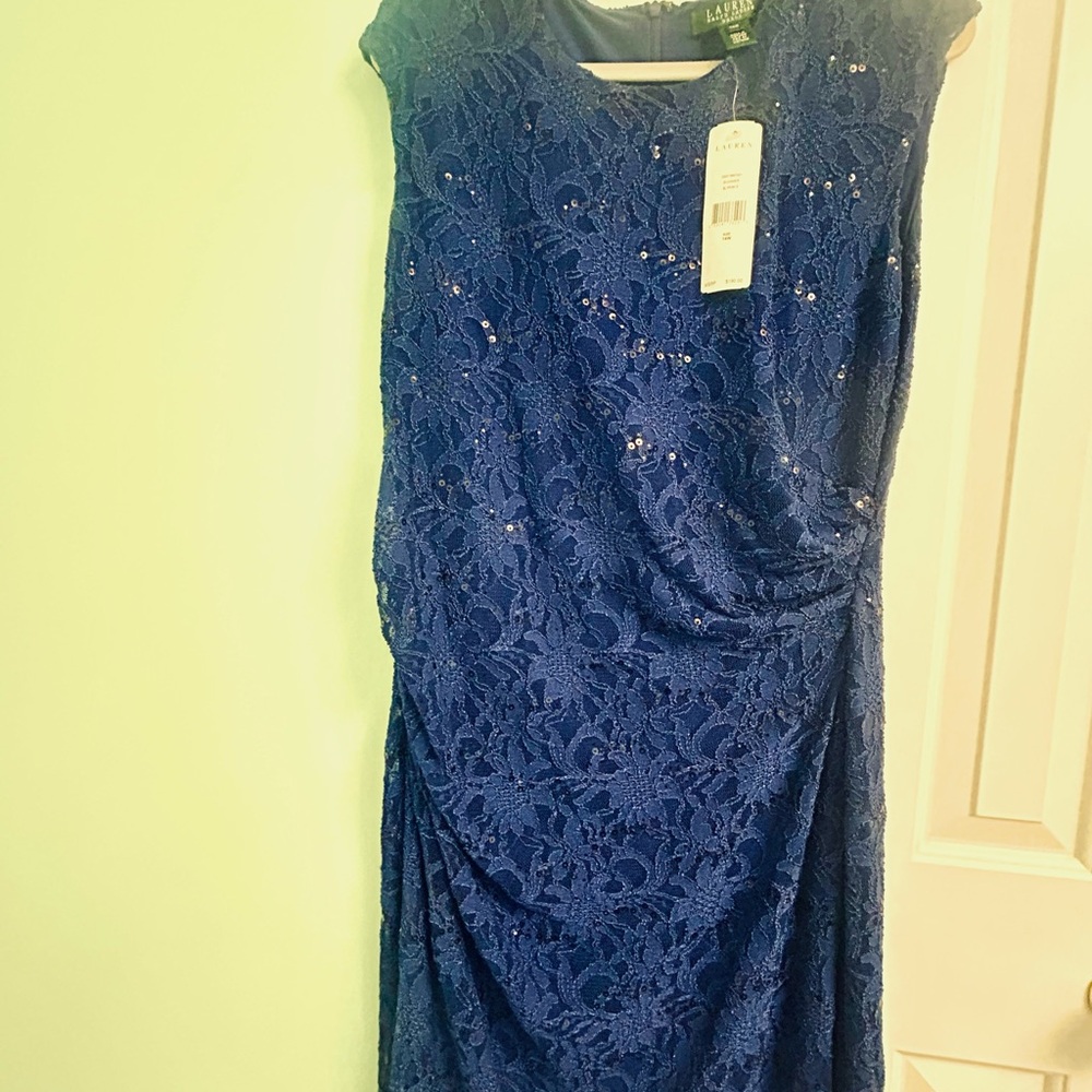 Elegant NWT Ralph Lauren Navy Lace Cocktail Dress Size 14W